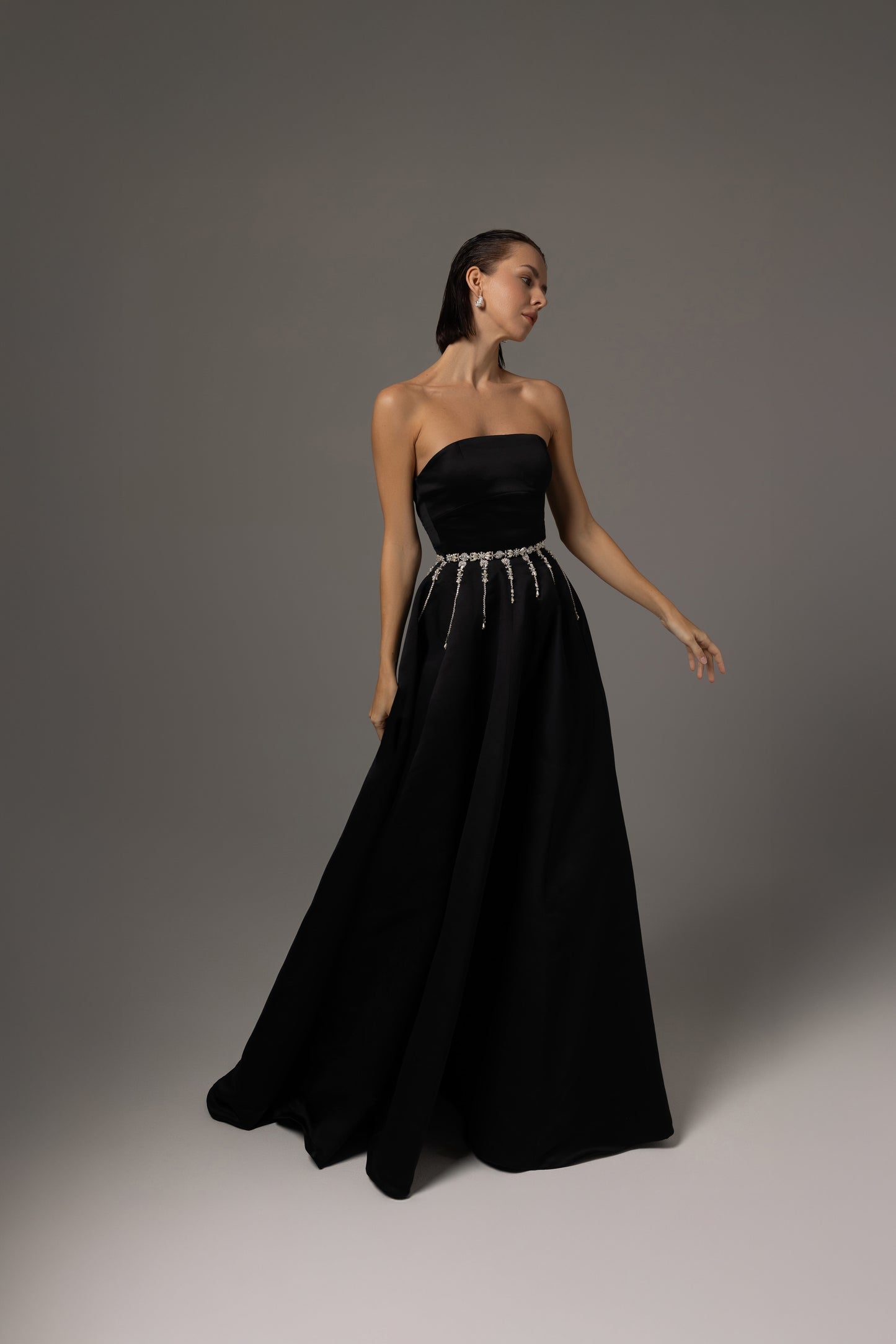 Embellished Strapless Black Satin Dress
