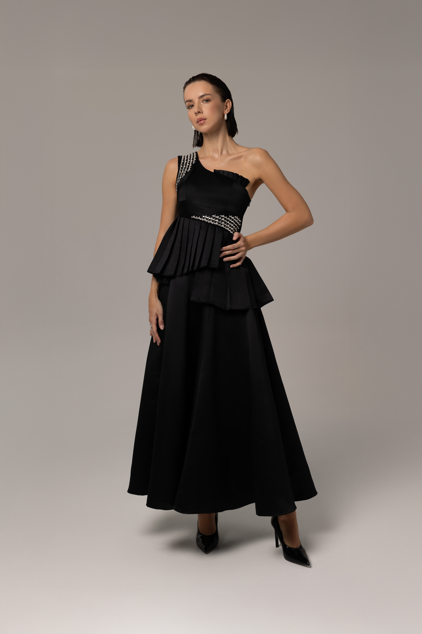 Embellished Asymmetrical Black Dress