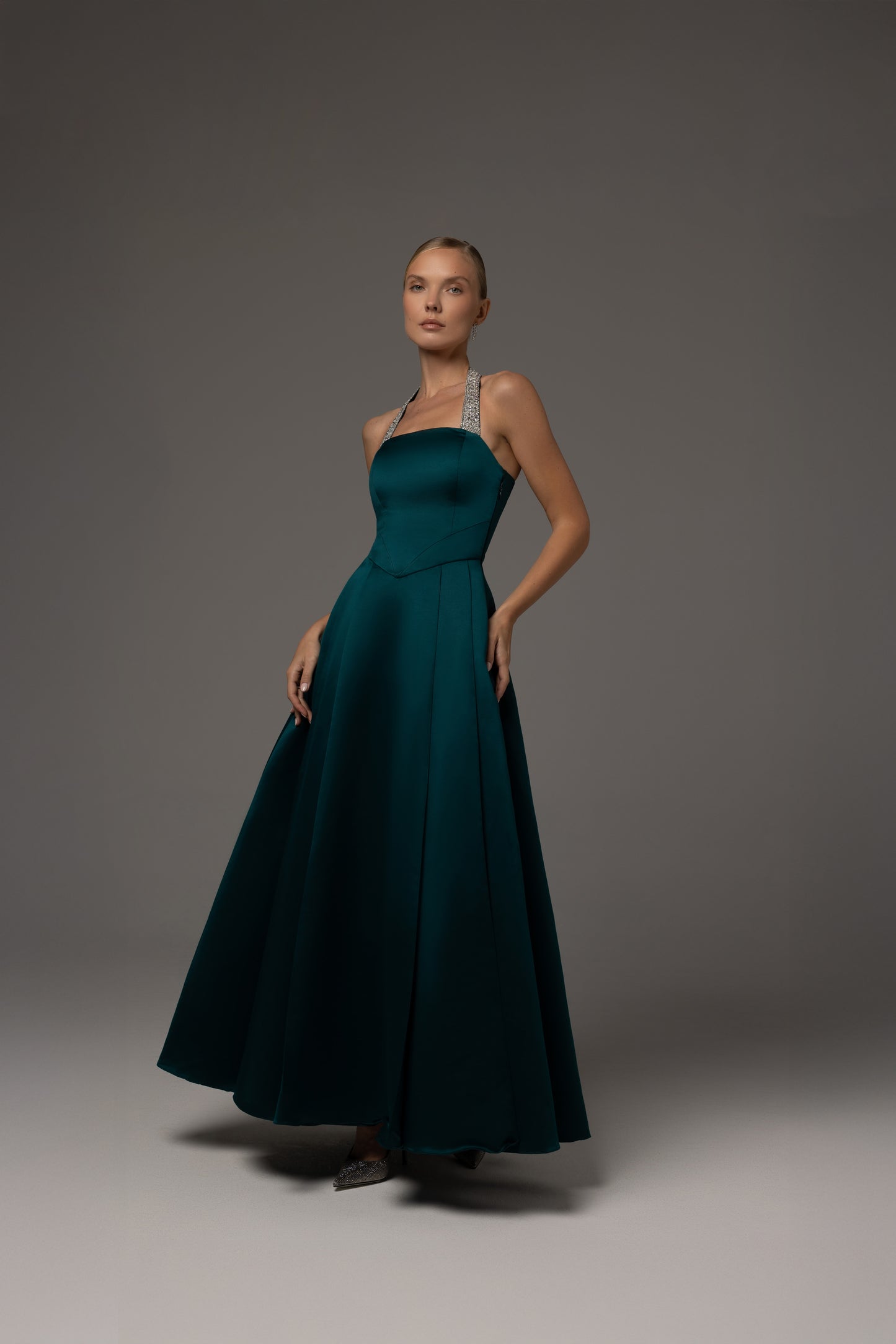 Elegant Embellished neckline box pleated dress