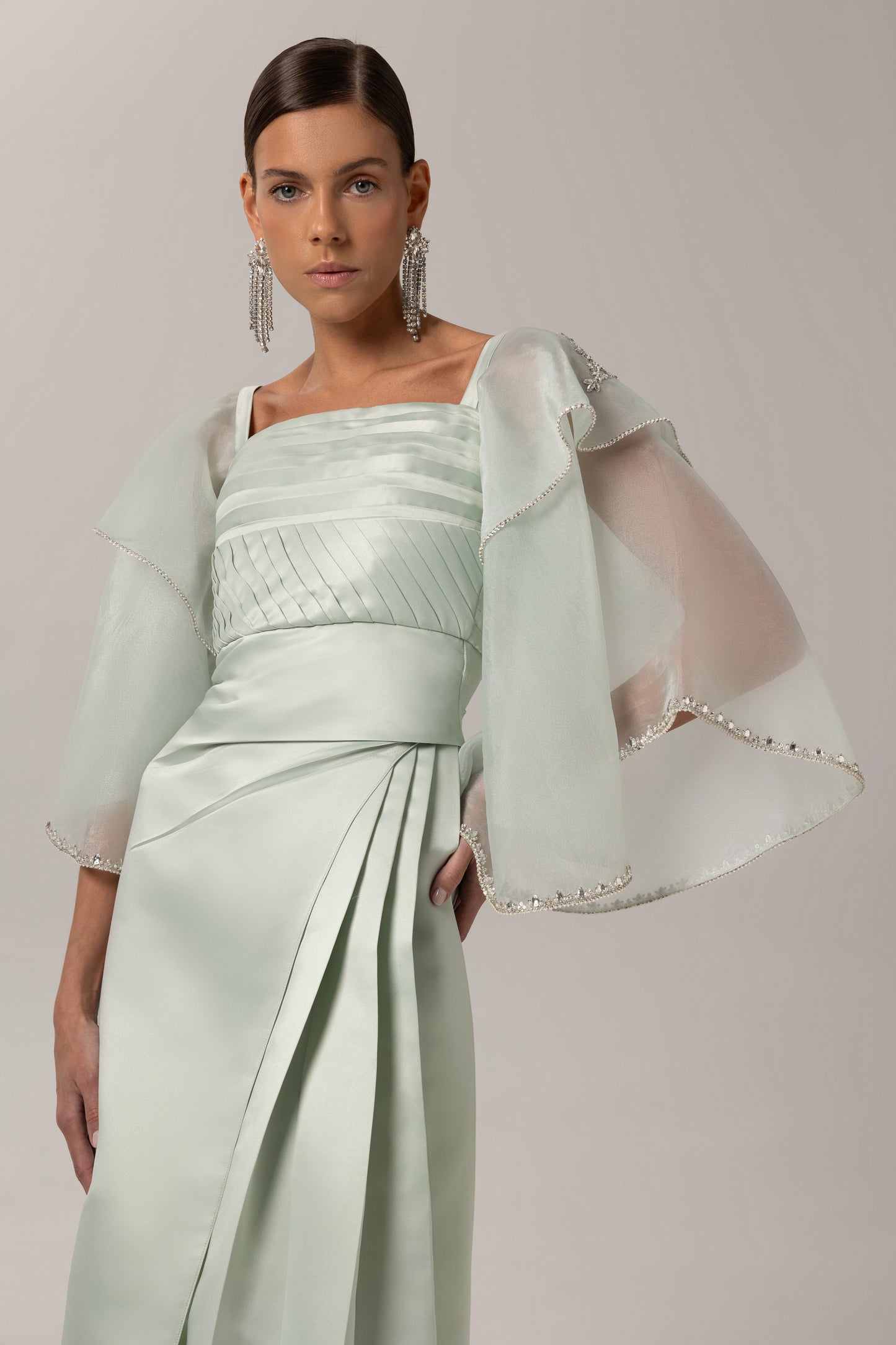 Pleated bodice sheer sleeve dress