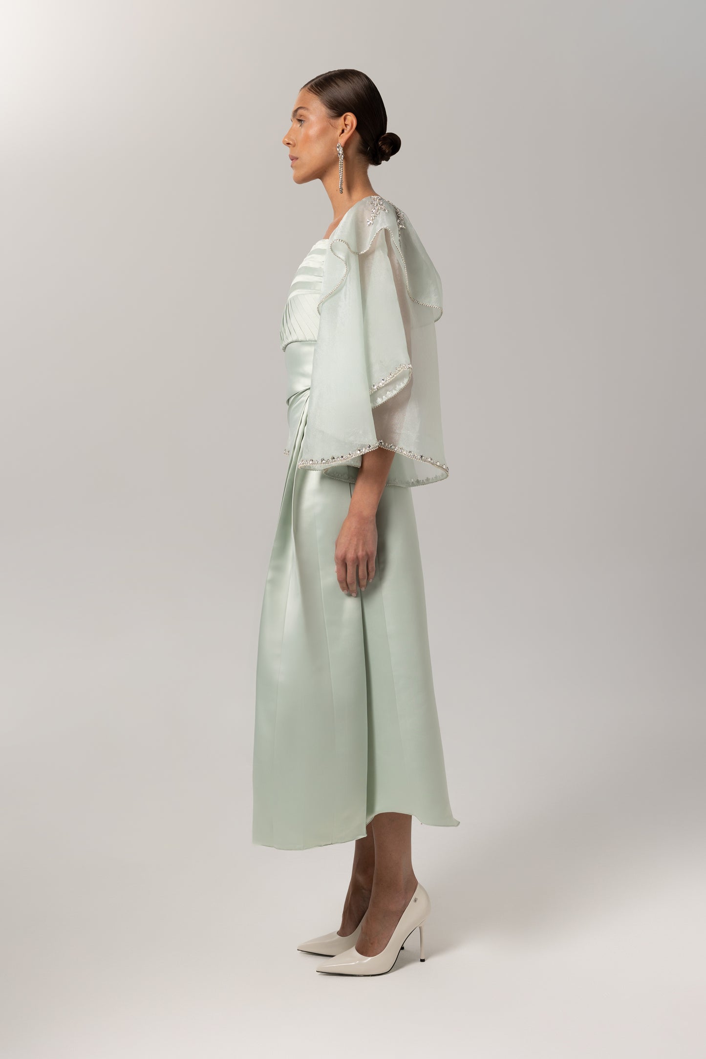 Sheer embellished sleeve pleated dress