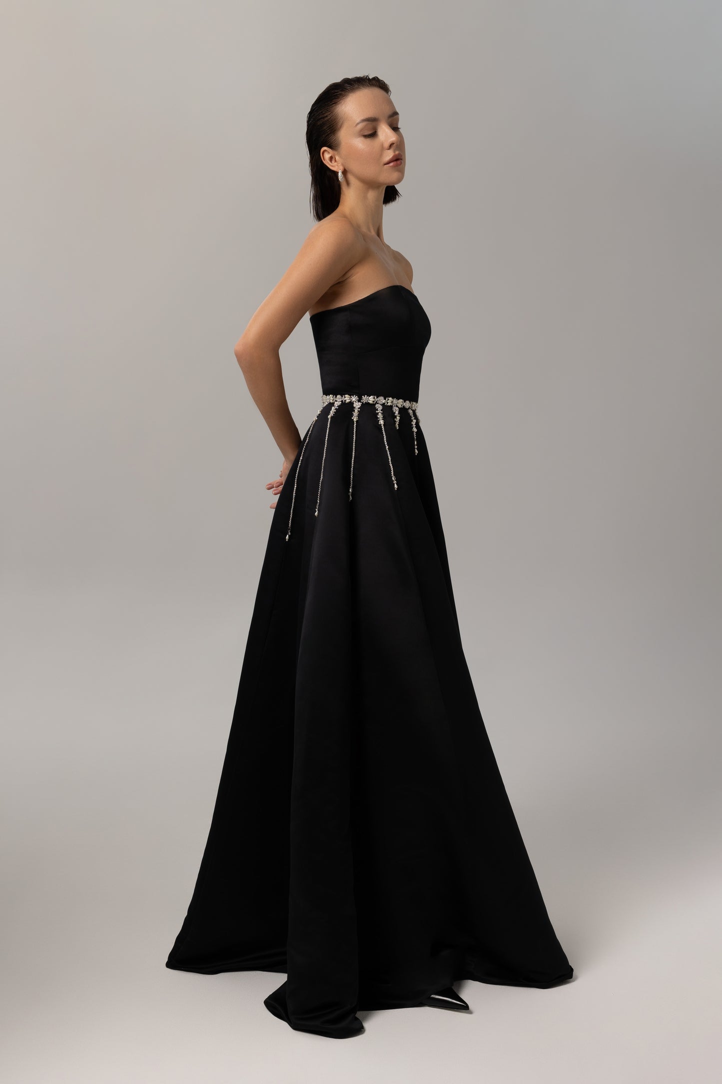 Embellished Strapless Black Satin Dress for prom party