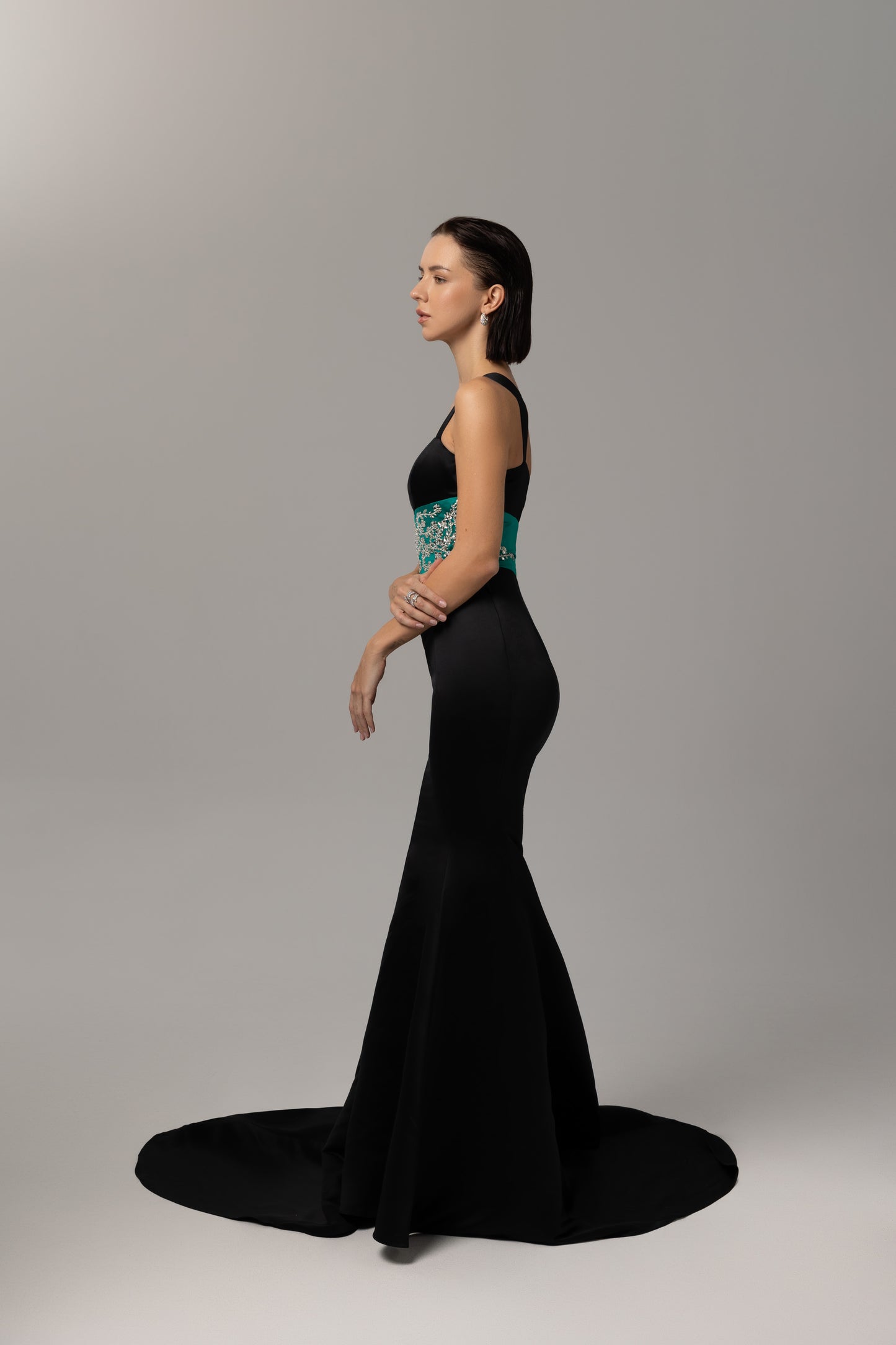 Mermaid silhouette dress with train and embellishments