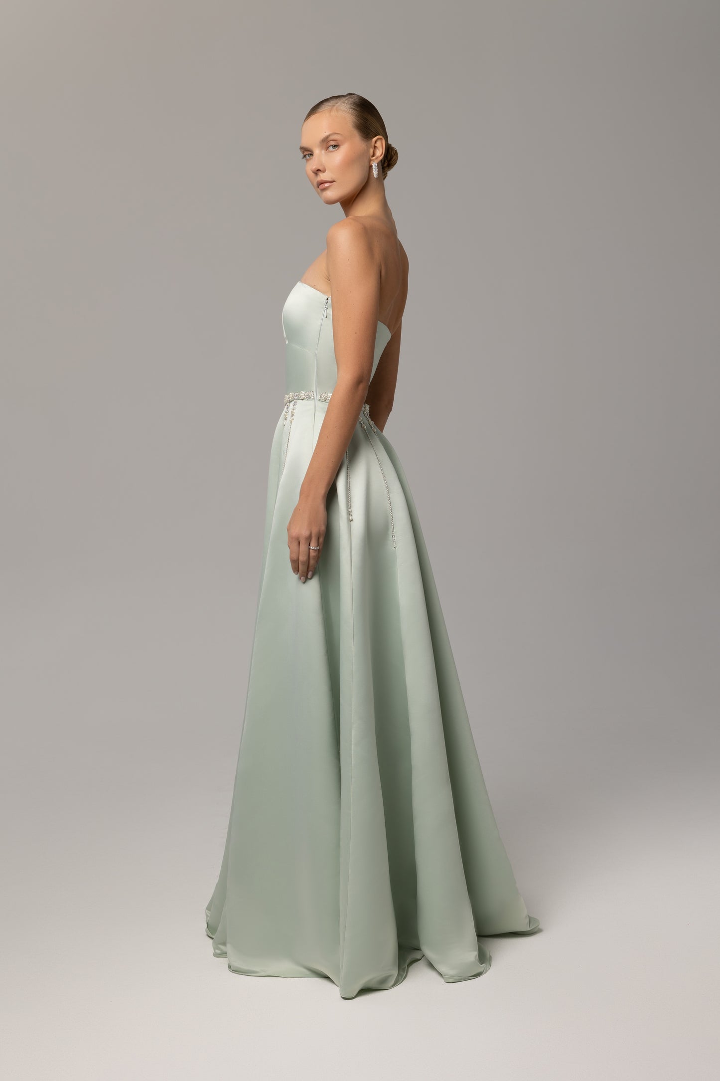 Crystal-embellished strapless evening dress