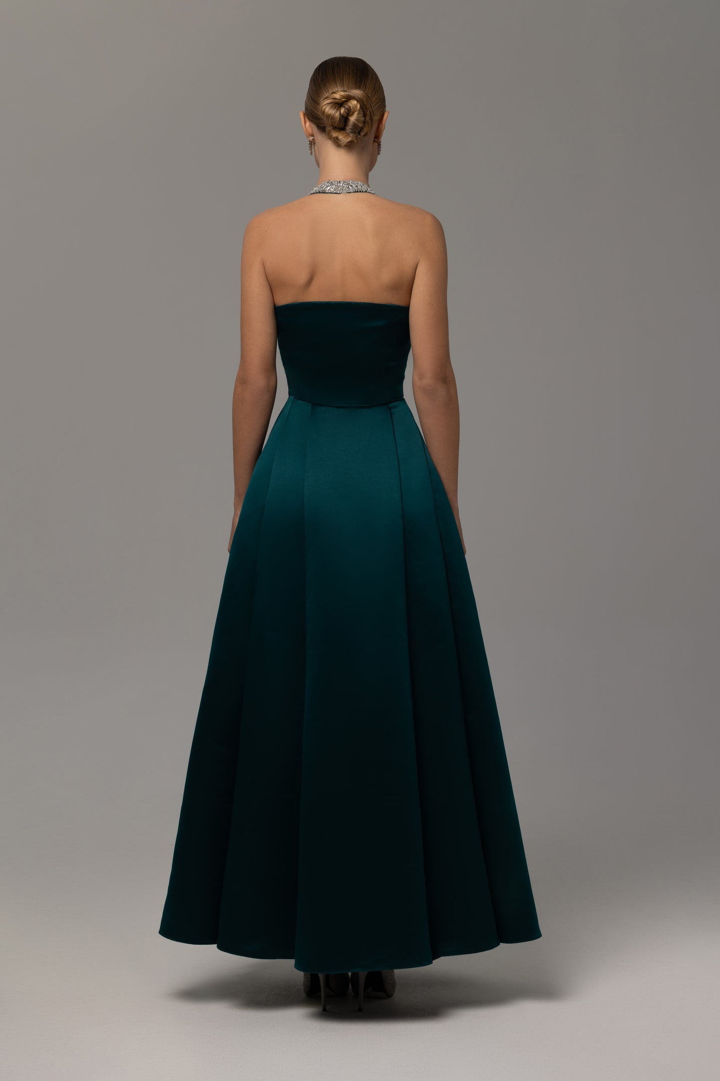 Dark Teal Embellished Halter Neckline Box-Pleated Dress