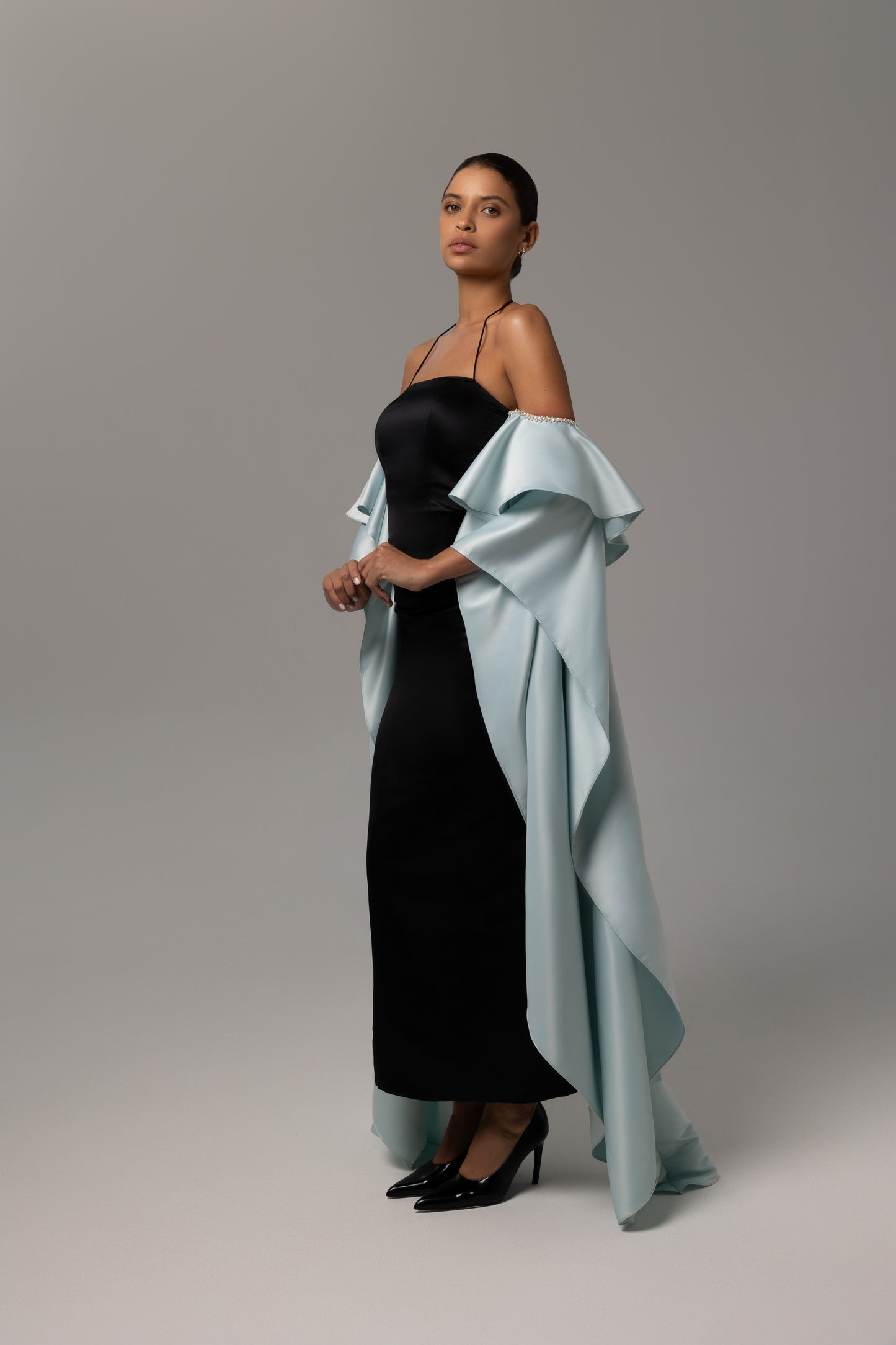 Floor-grazing layered-sleeve gown