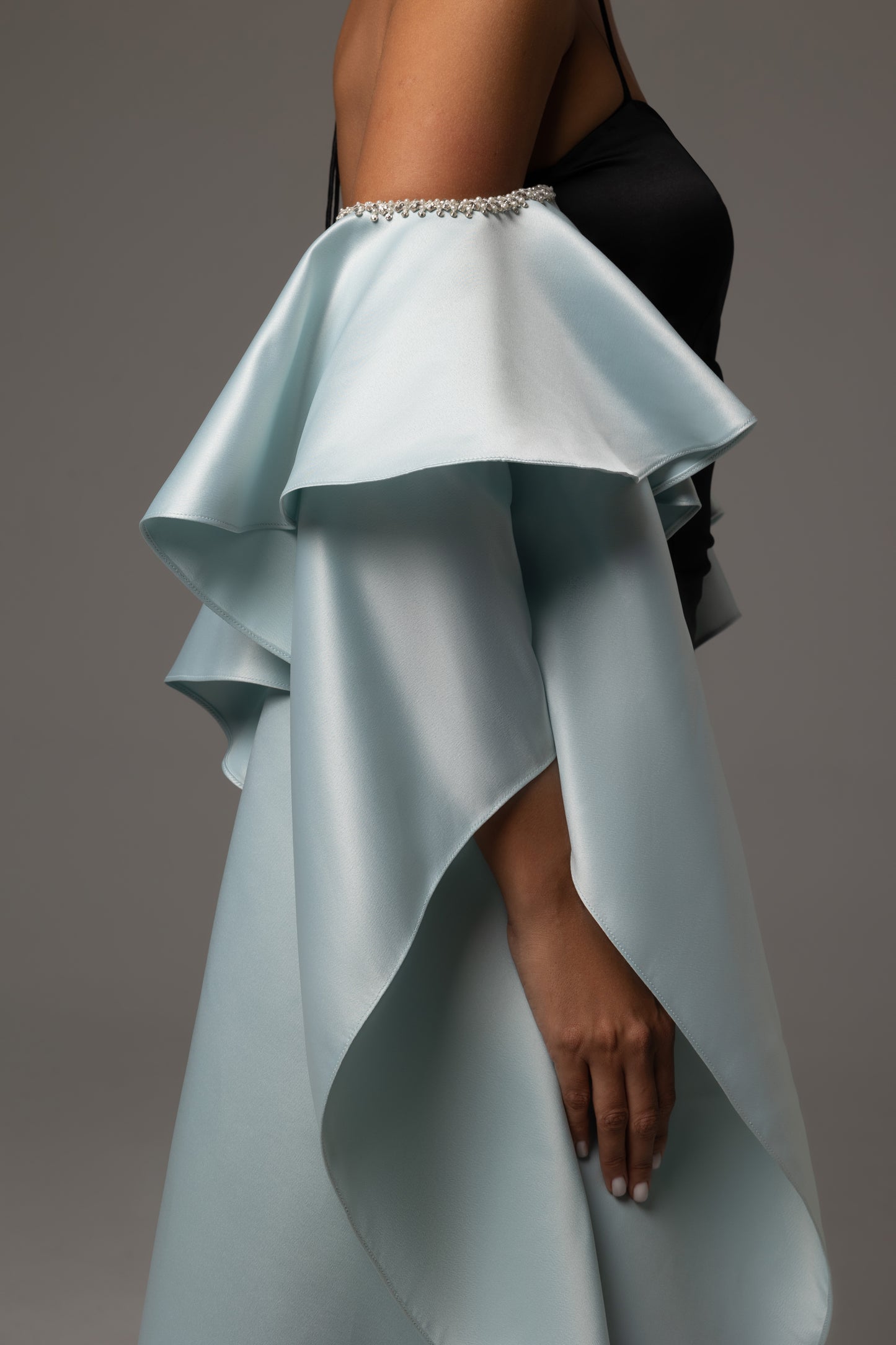 Dramatic layered blue sleeve gown