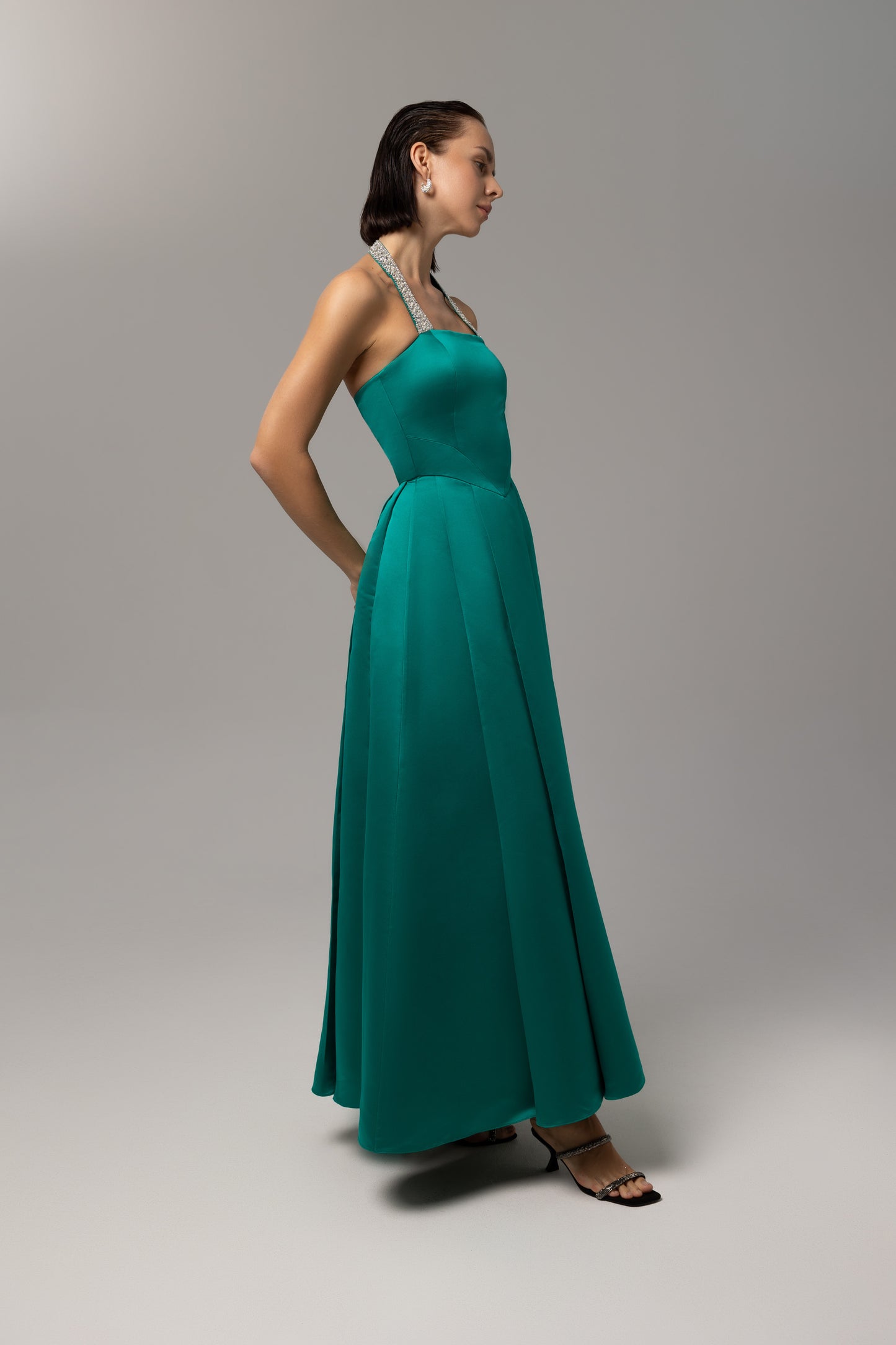 Box-pleated satin A-line gown