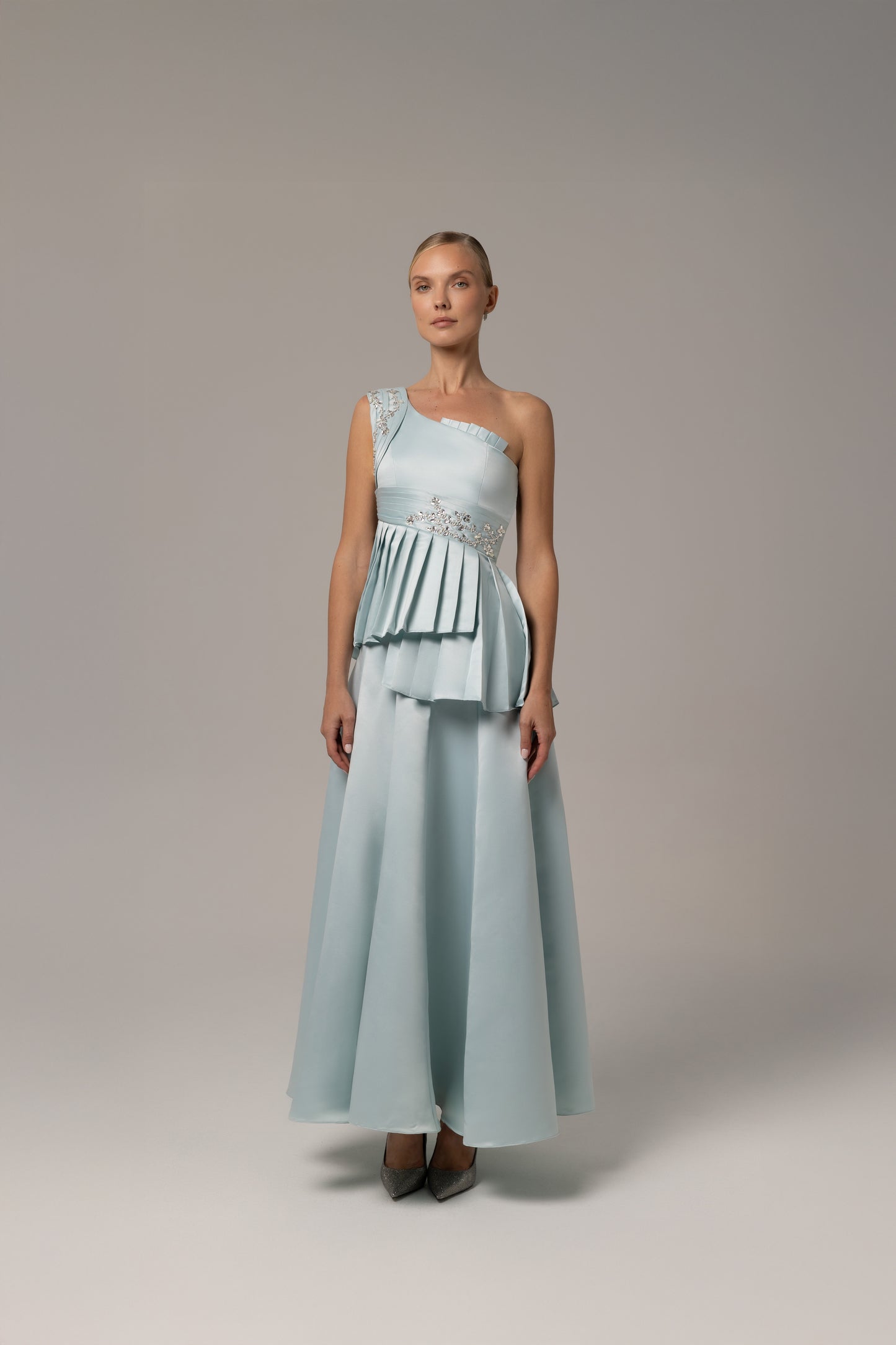 Embellished Asymmetrical Blue Dress
