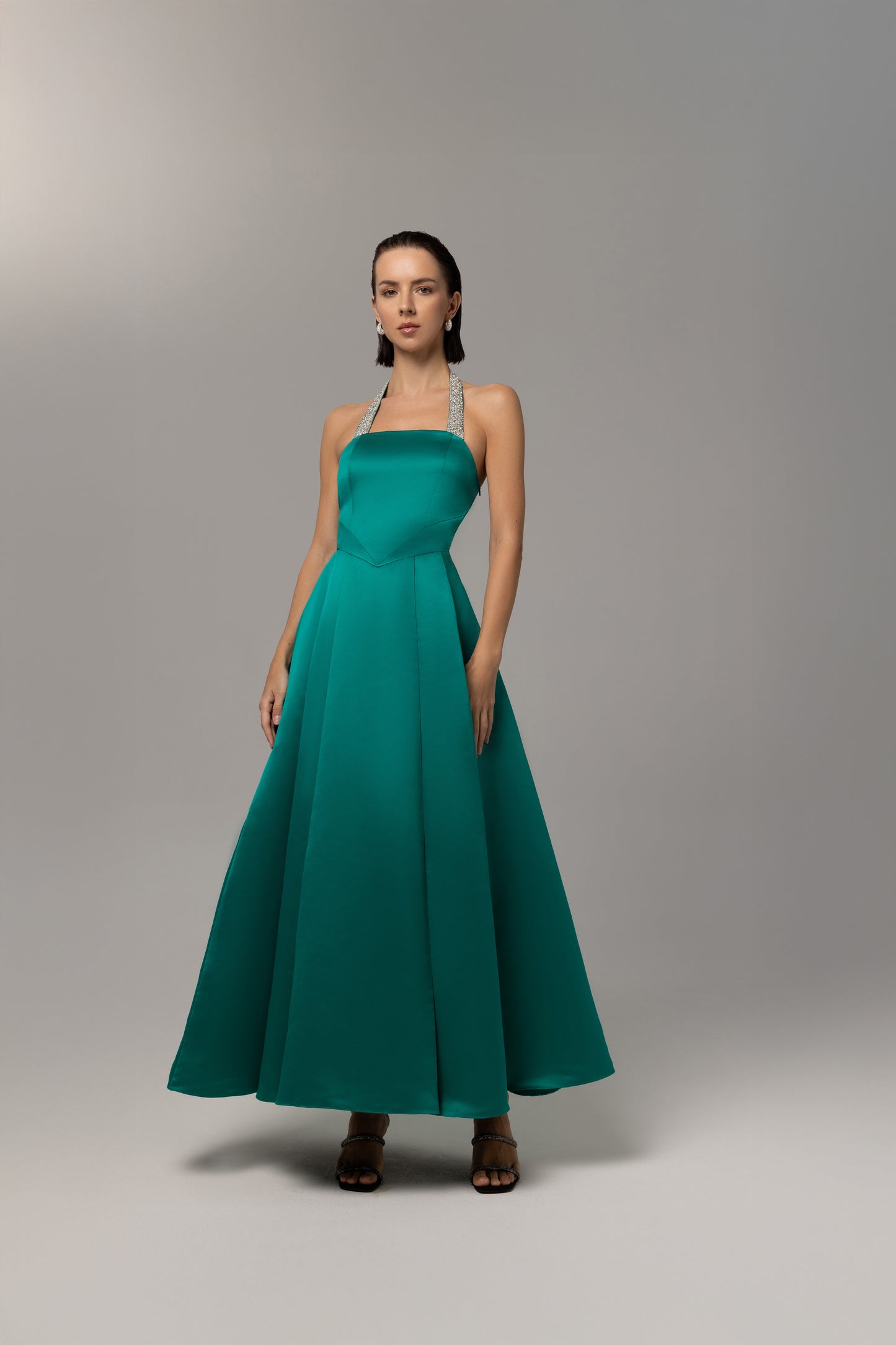 Emerald Embellished Halter Neckline Box-Pleated Dress