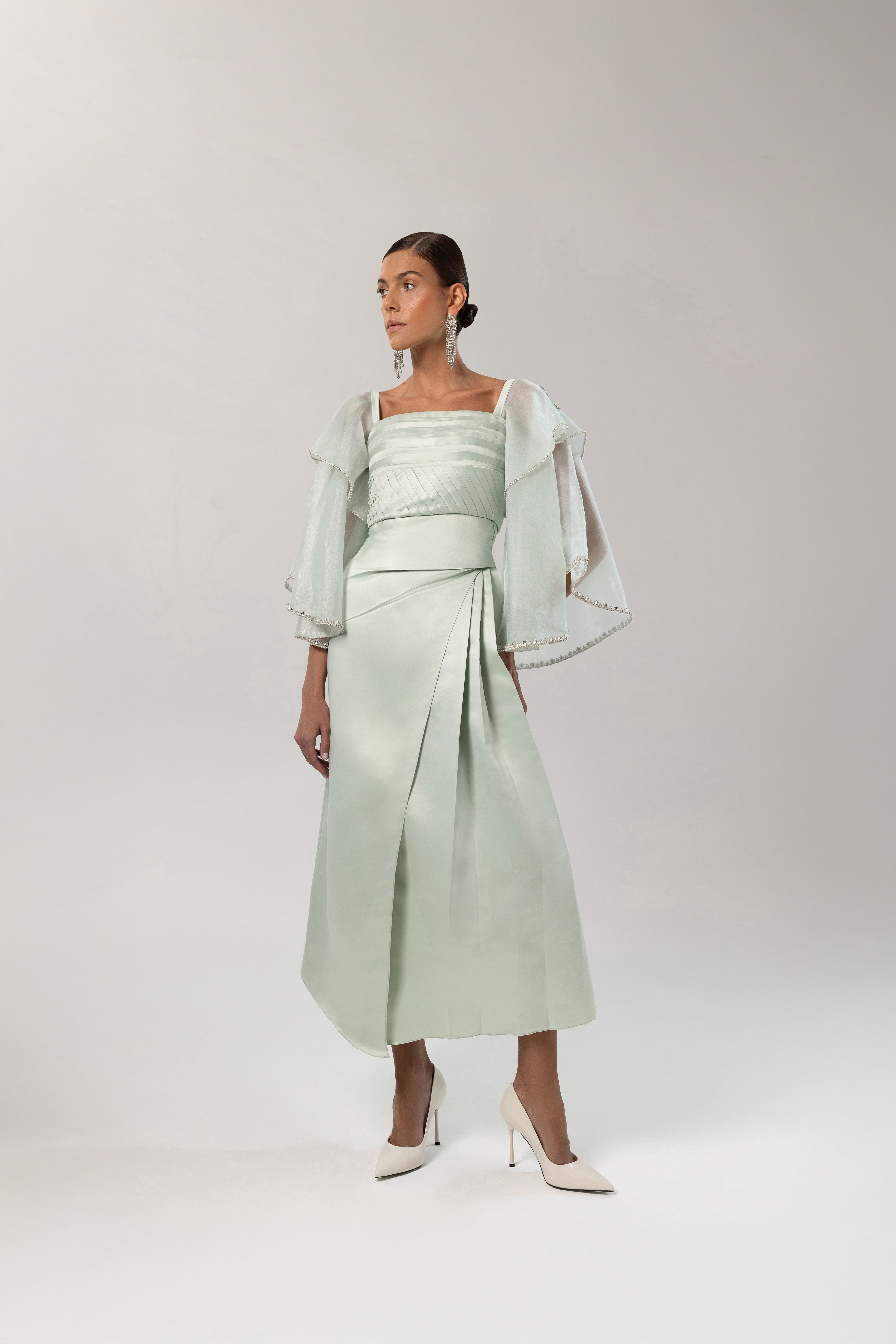 Pleated Bodice Sheer Sleeve Embellished Dress – SUMMAT Official