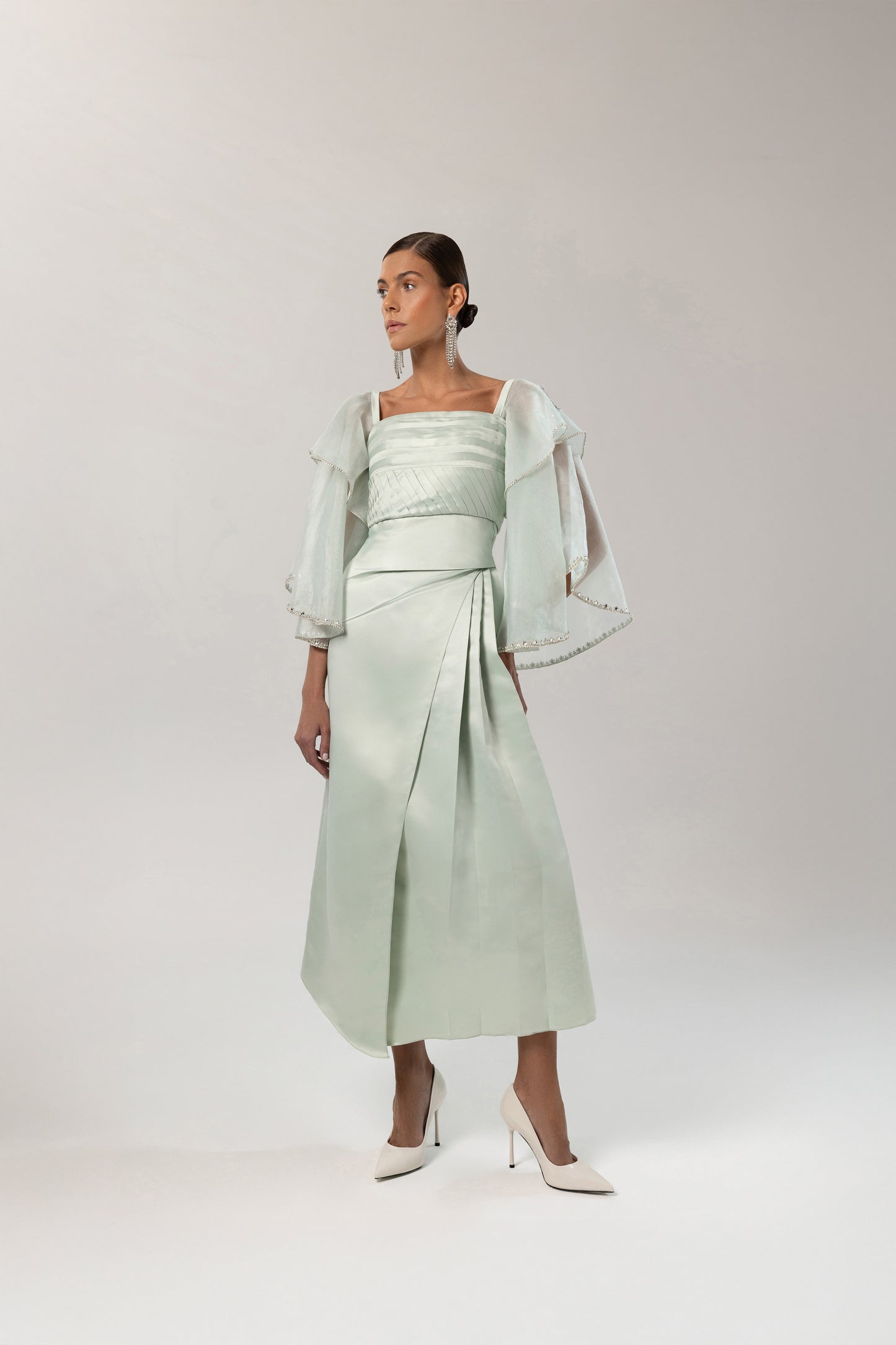 Pleated Bodice Embellished Sheer Sleeve Dress