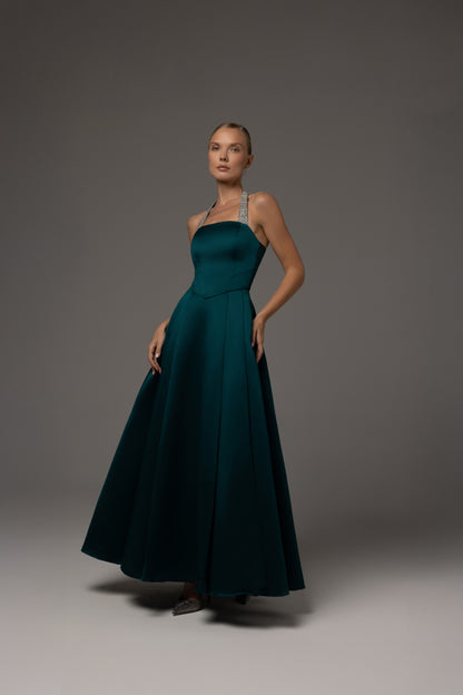 Elegant Embellished neckline box pleated dress