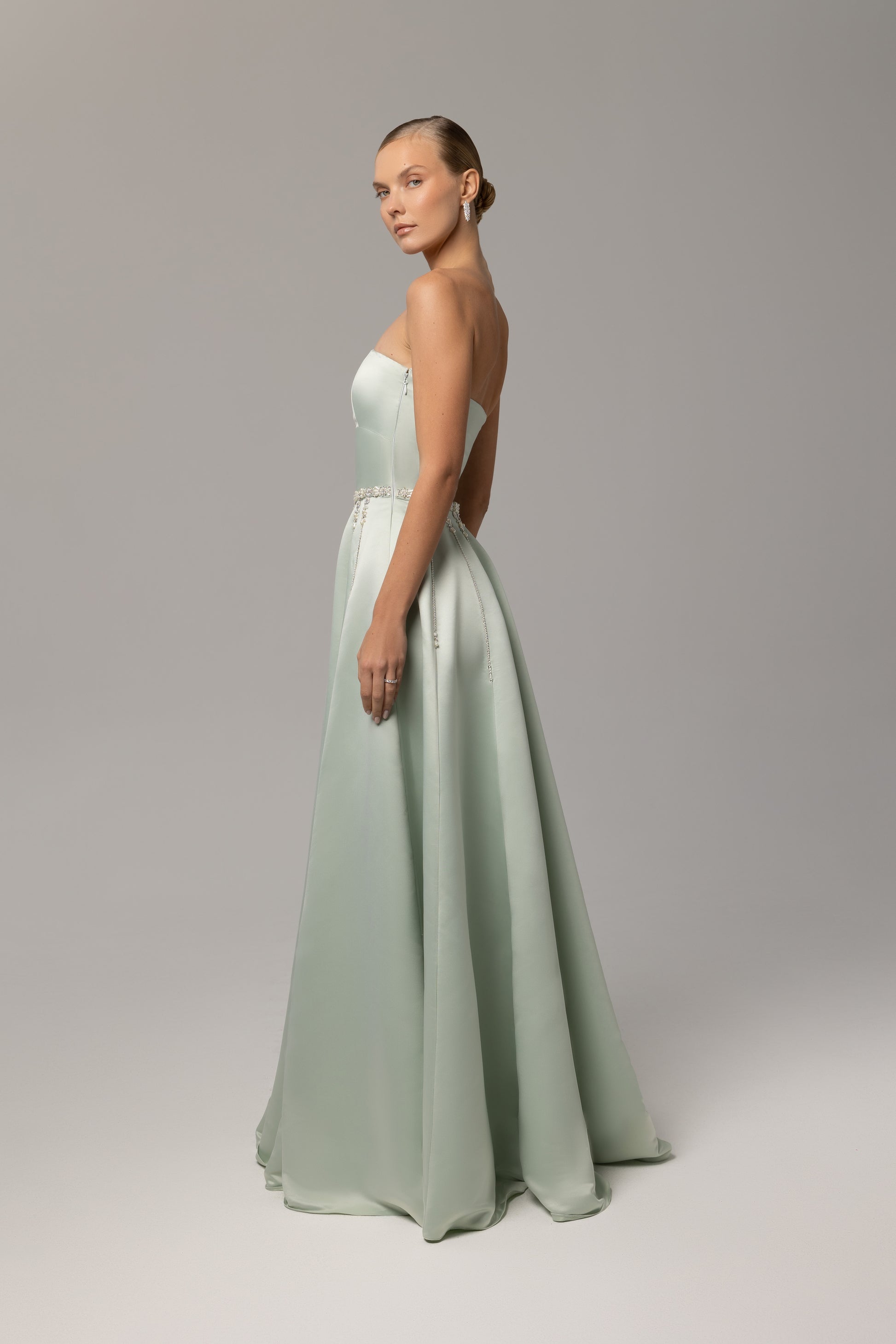 Crystal-embellished strapless evening dress