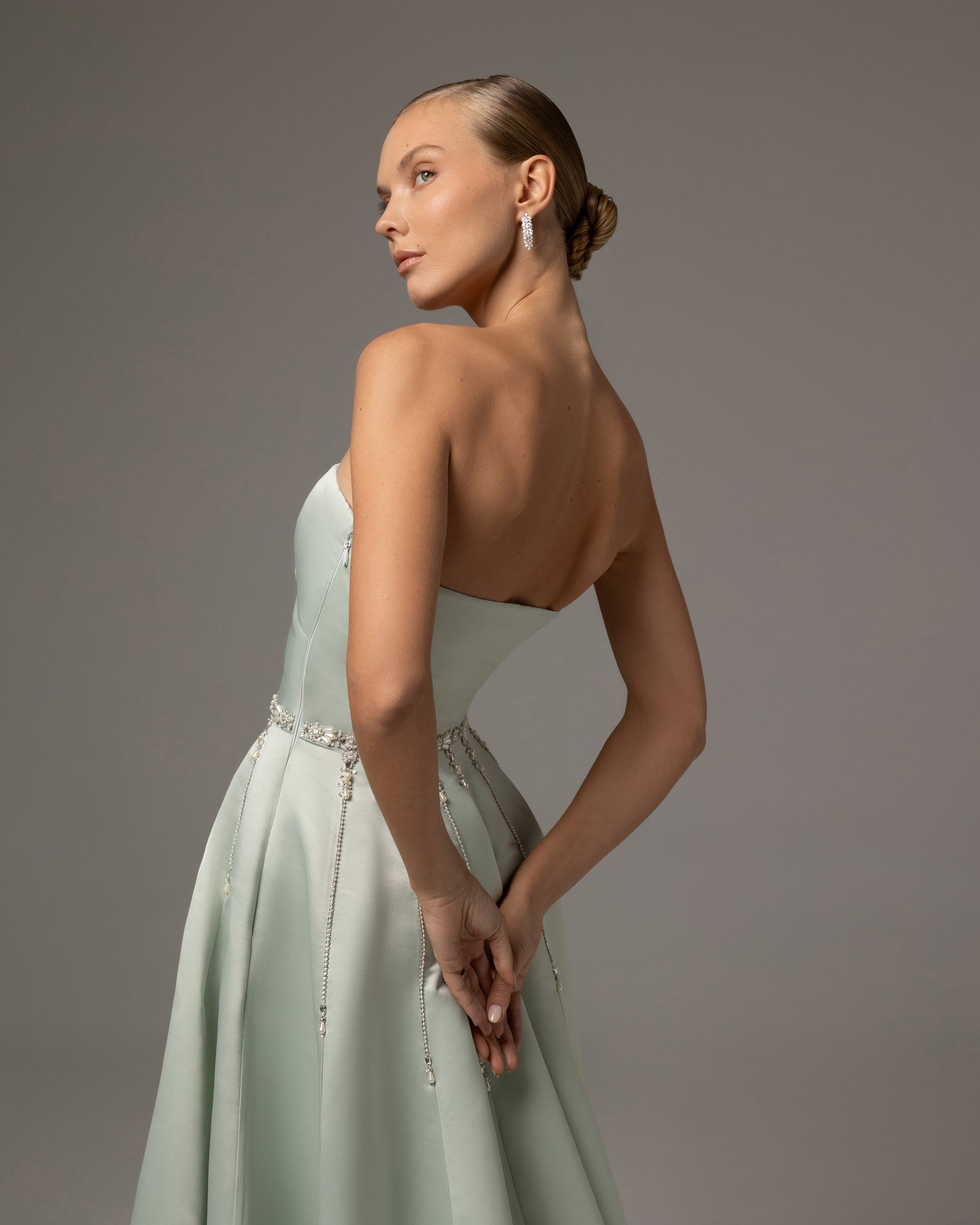 Boned bodice strapless satin gown