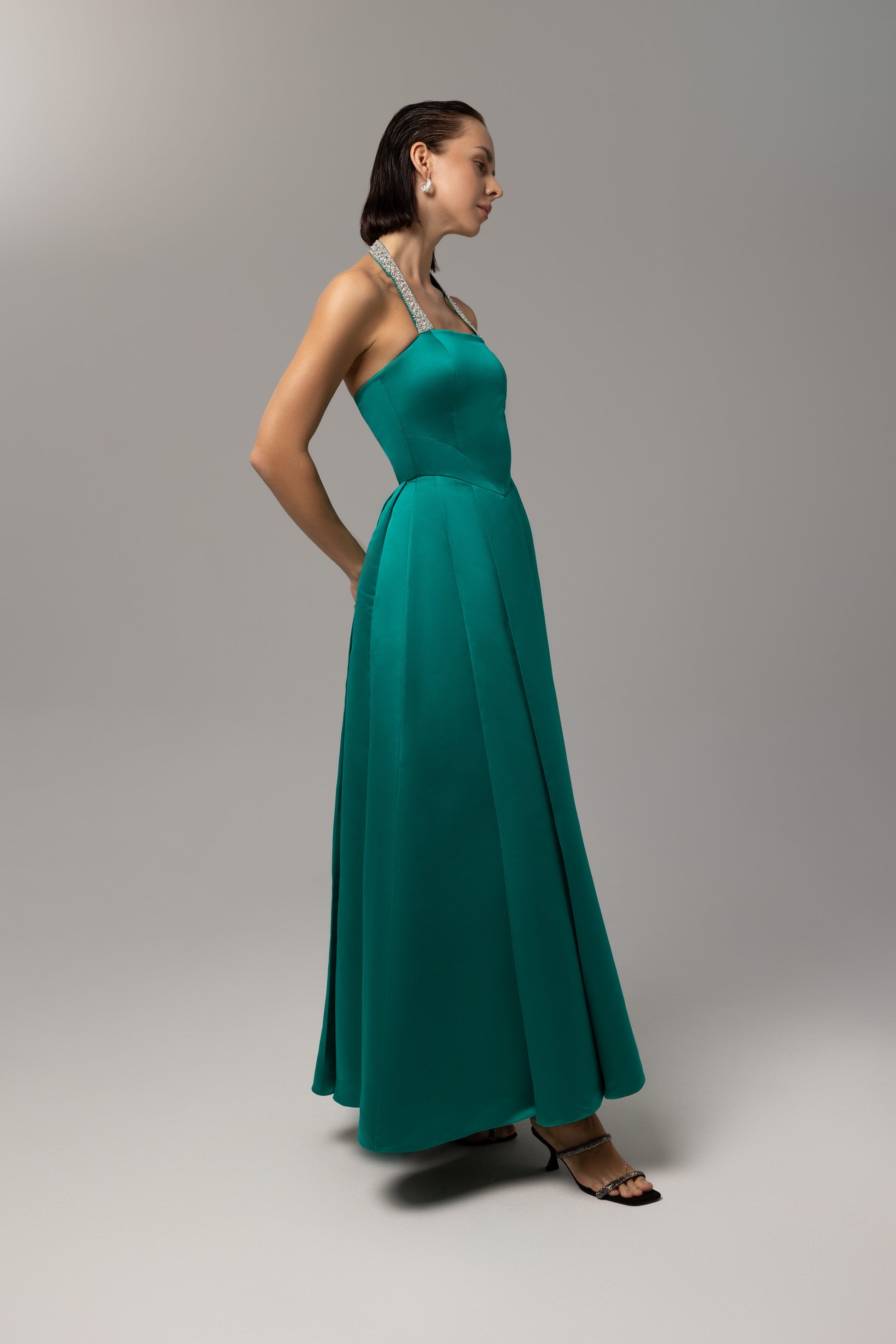 Box-pleated satin A-line gown