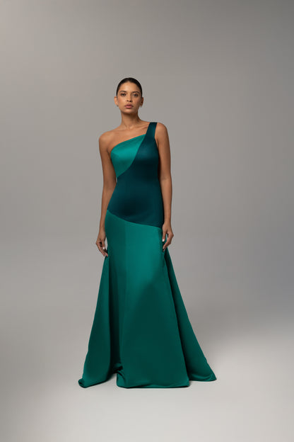 One-shoulder gradient-panel evening dress