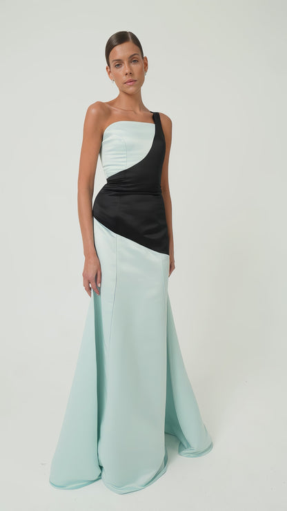 One-Shoulder Blue-Black Contrast Panel Dress