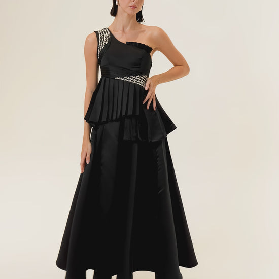 Hand-embellished asymmetric evening dress