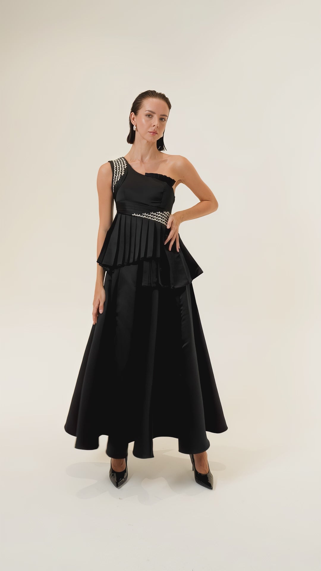 Hand-embellished asymmetric evening dress