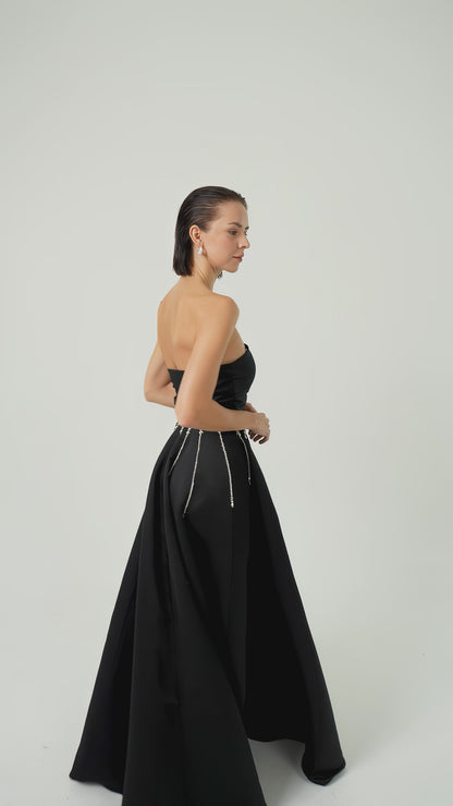 Embellished Strapless Black Satin Dress